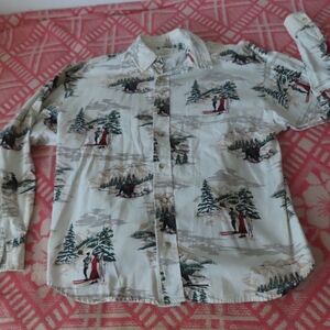 VTG 80s Garnet Hill USA Twill Button Up Shirt Ski Motif Pattern Small Skiers
